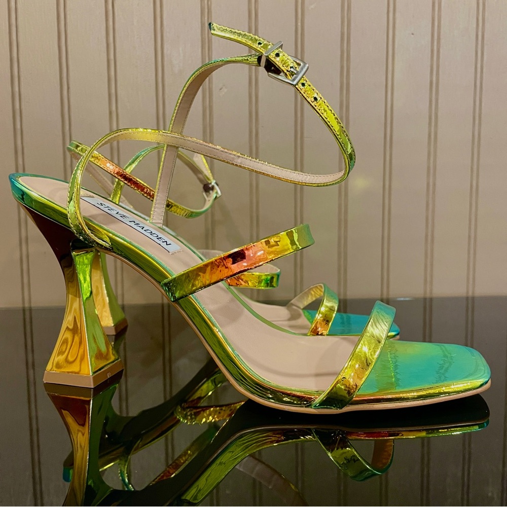 Steve Madden Scorpius Iridescent Green Yellow Ankle Strap Block Sculpted Heels